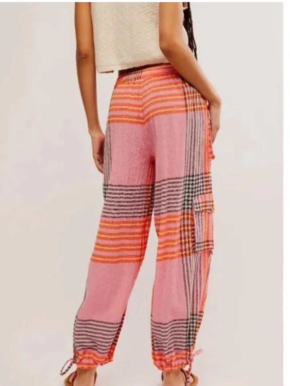 Free People Crafted Plaid Cargo Pants Pink Combo Womens Small NEW Cotton
